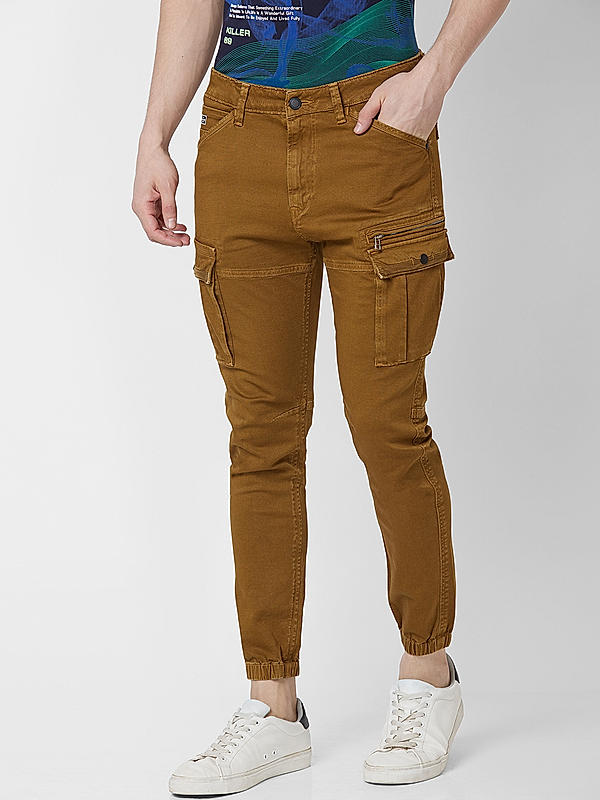 Men Slim Fit Khaki Solid Jeans