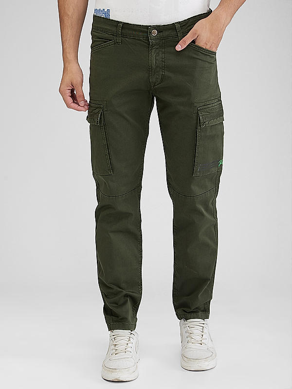 Men Slim Fit Dark Green Solid Cargo