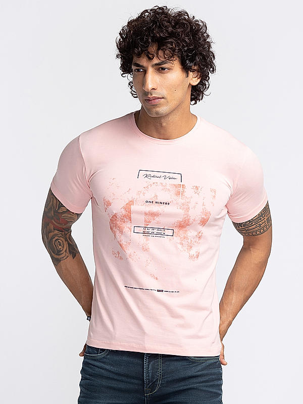 Men Slim Fit Peach Printed T-SHIRTS