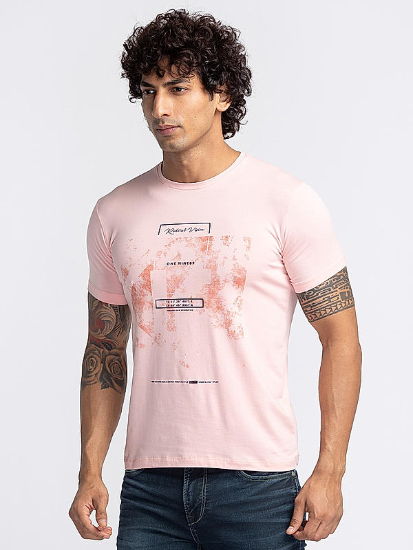 Men Slim Fit Peach Printed T-SHIRTS