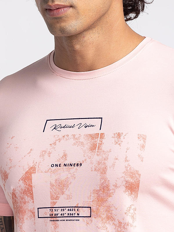 Men Slim Fit Peach Printed T-SHIRTS