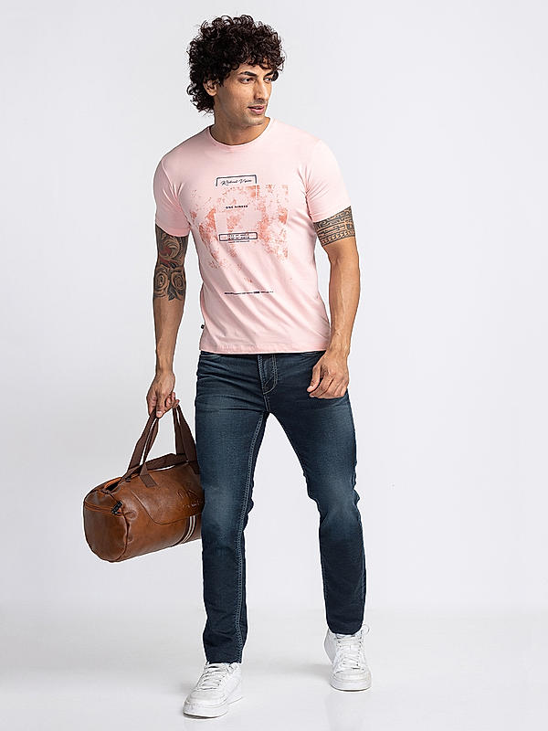 Men Slim Fit Peach Printed T-SHIRTS