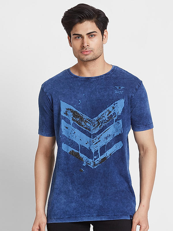 Men Slim Fit Blue Printed T-SHIRTS