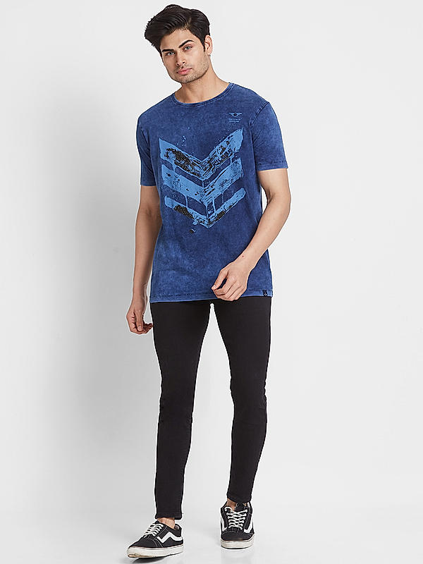 Men Slim Fit Blue Printed T-SHIRTS