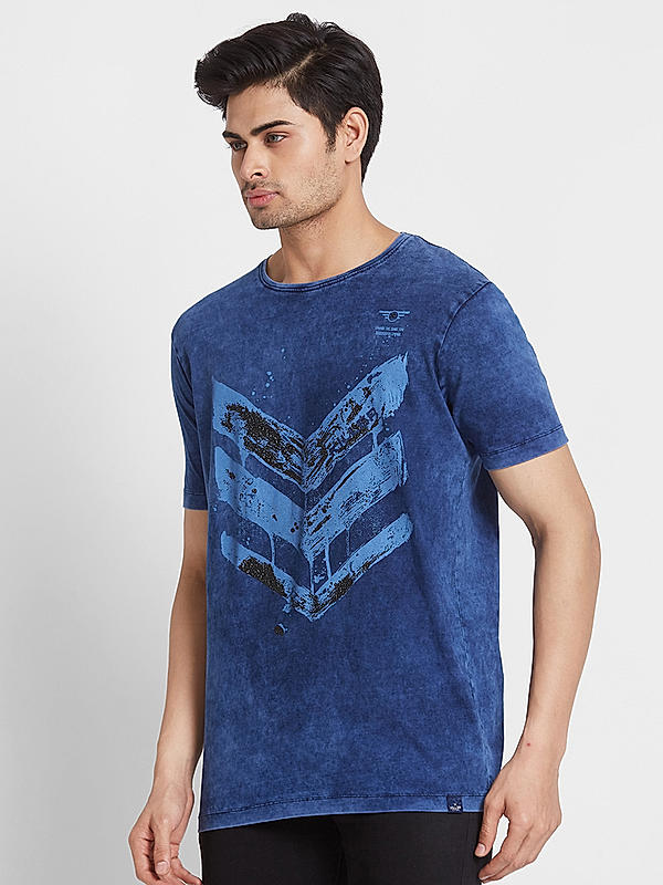 Men Slim Fit Blue Printed T-SHIRTS