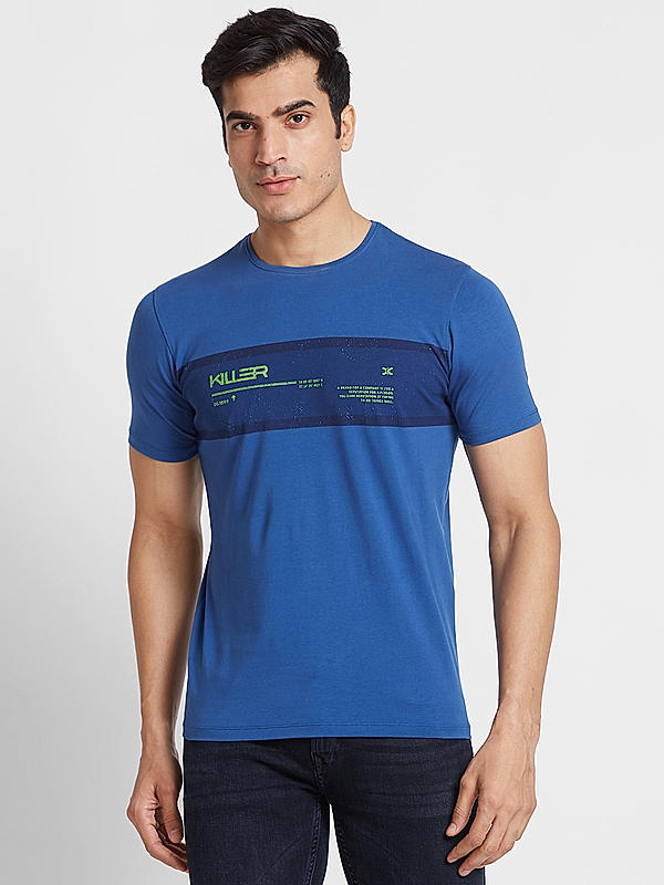 Men Slim Fit Blue Printed T-SHIRTS