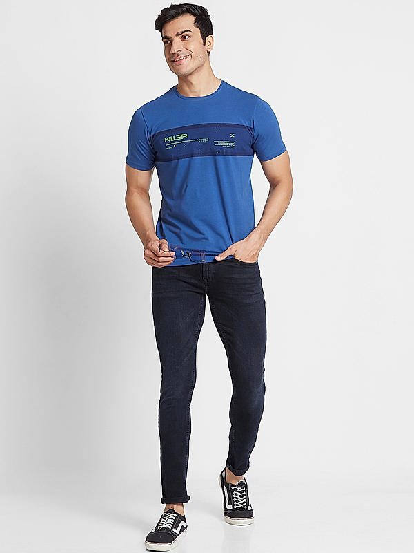 Men Slim Fit Blue Printed T-SHIRTS