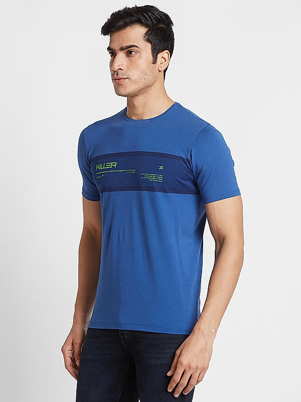 Men Slim Fit Blue Printed T-SHIRTS