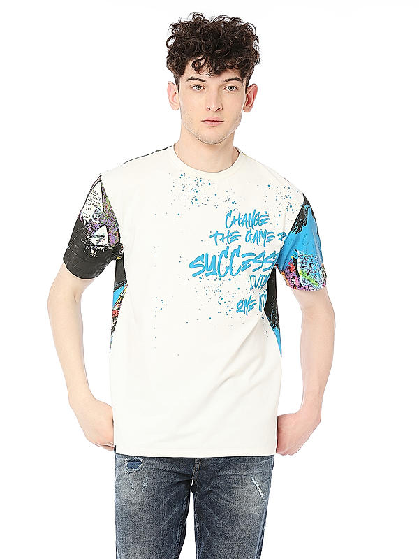 Men Slim Fit White Printed T-SHIRTS