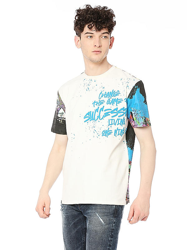 Men Slim Fit White Printed T-SHIRTS