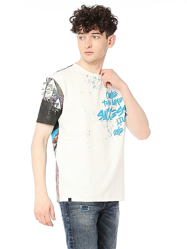 Men Slim Fit White Printed T-SHIRTS