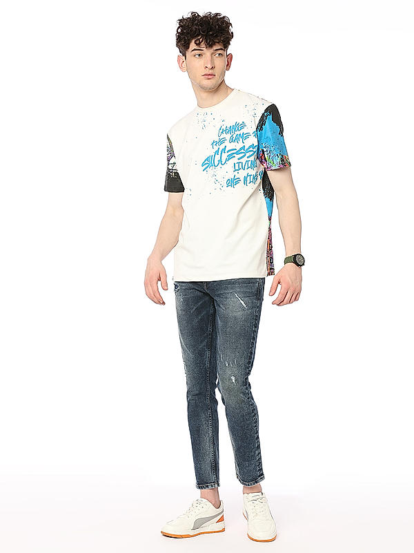 Men Slim Fit White Printed T-SHIRTS