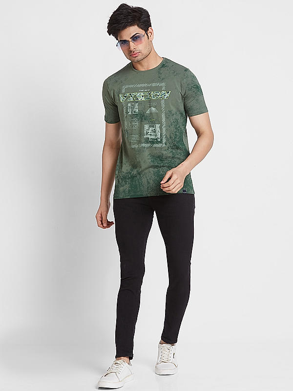 Men Slim Fit Green Printed T-SHIRTS