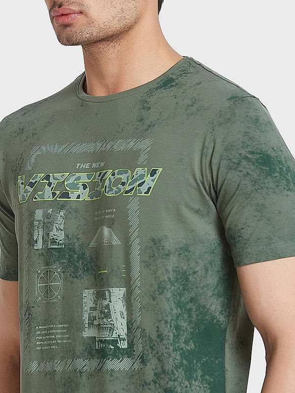 Men Slim Fit Green Printed T-SHIRTS