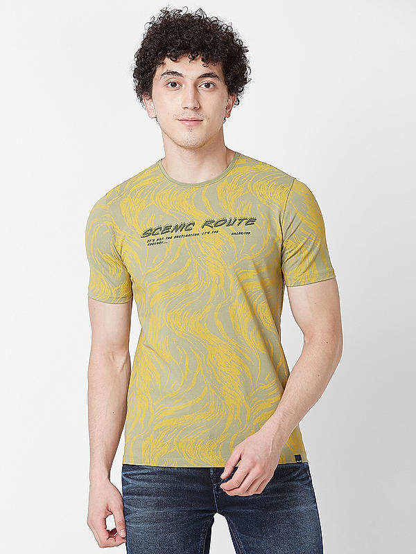 Men Slim Fit Grey Printed T-SHIRTS