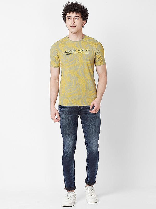 Men Slim Fit Grey Printed T-SHIRTS