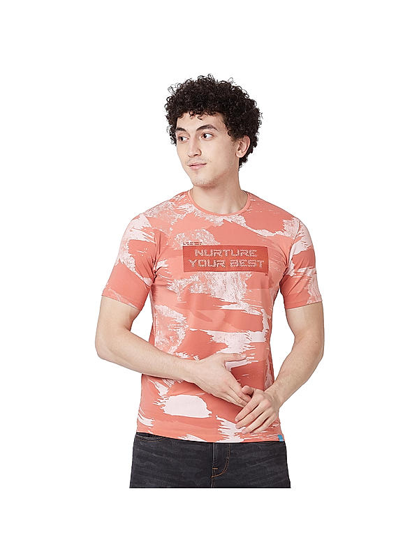 Men Slim Fit Peach Printed T-SHIRTS