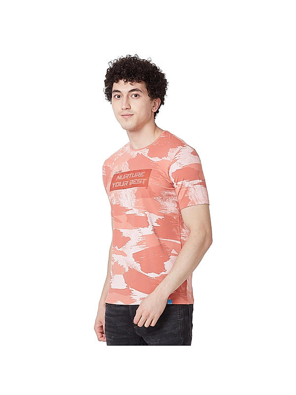 Men Slim Fit Peach Printed T-SHIRTS