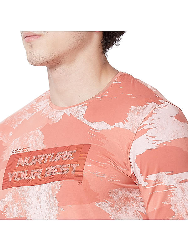 Men Slim Fit Peach Printed T-SHIRTS