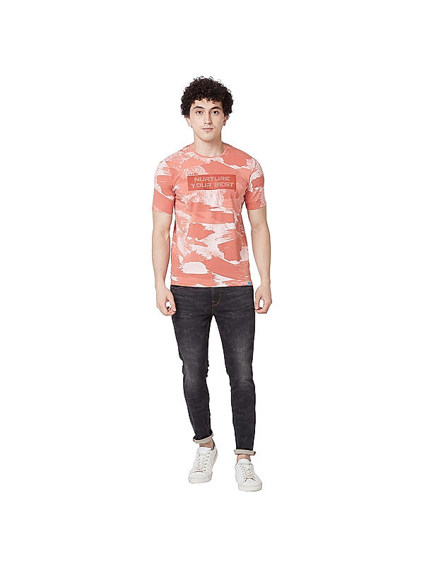 Men Slim Fit Peach Printed T-SHIRTS