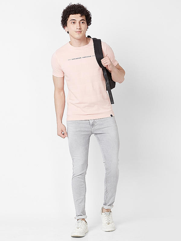 Men Slim Fit Pink Printed T-SHIRTS