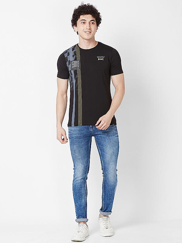 Men Slim Fit Black Printed T-SHIRTS