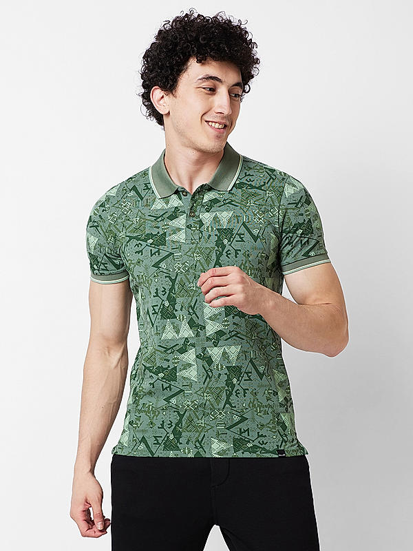 Men Slim Fit Green Printed T-SHIRTS