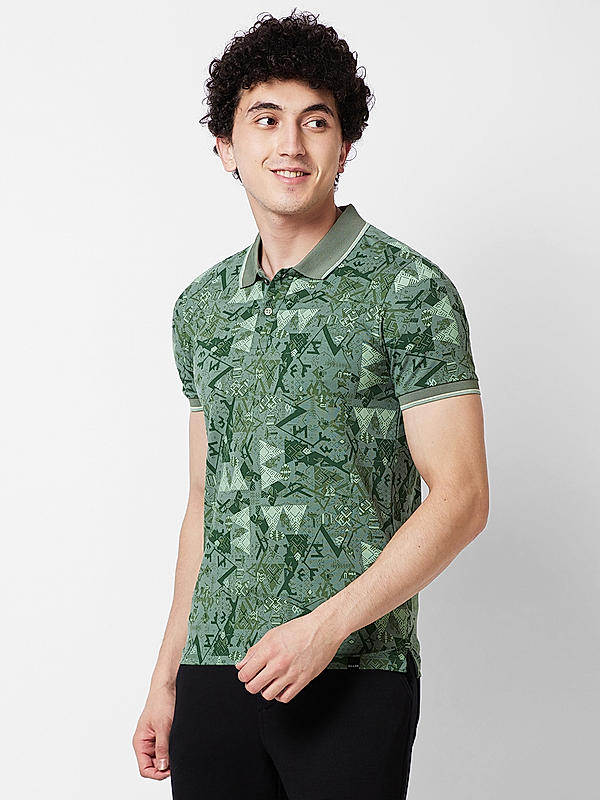 Men Slim Fit Green Printed T-SHIRTS