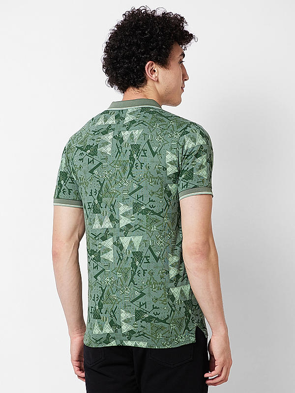 Men Slim Fit Green Printed T-SHIRTS