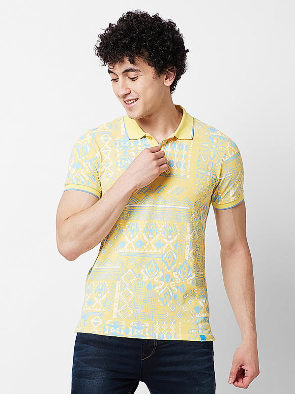 Men Slim Fit Yellow Printed T-SHIRTS