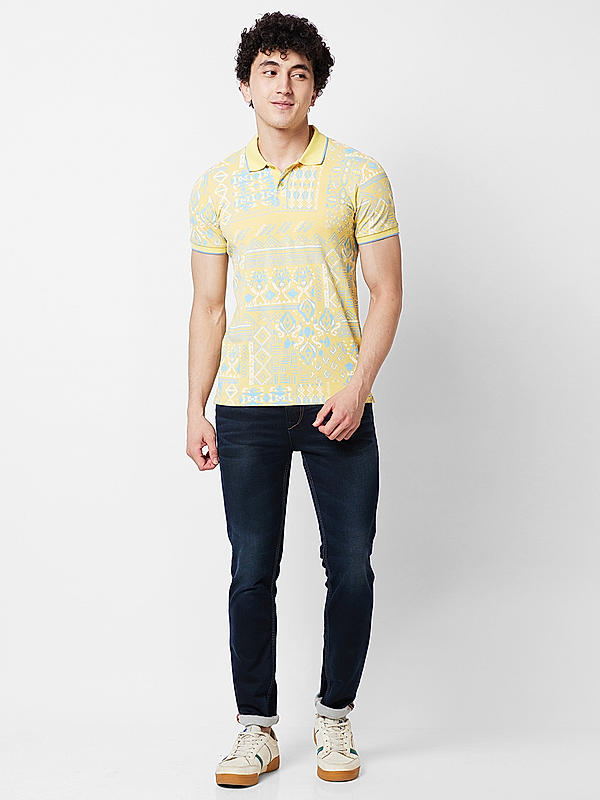 Men Slim Fit Yellow Printed T-SHIRTS