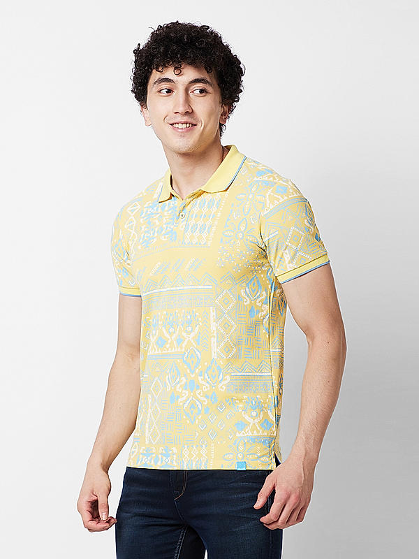 Men Slim Fit Yellow Printed T-SHIRTS