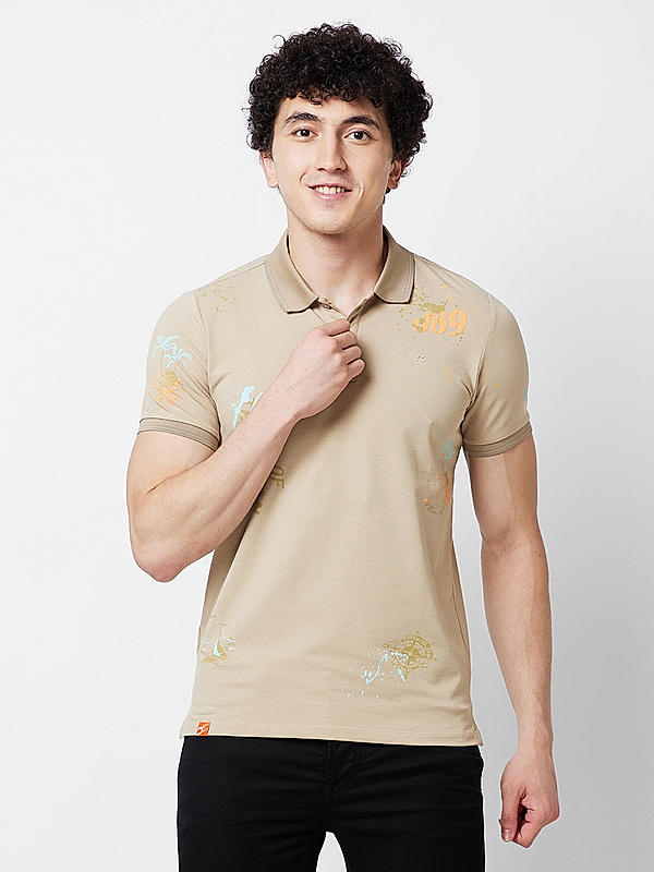 Men Slim Fit Beige Printed T-SHIRTS