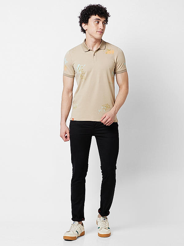 Men Slim Fit Beige Printed T-SHIRTS