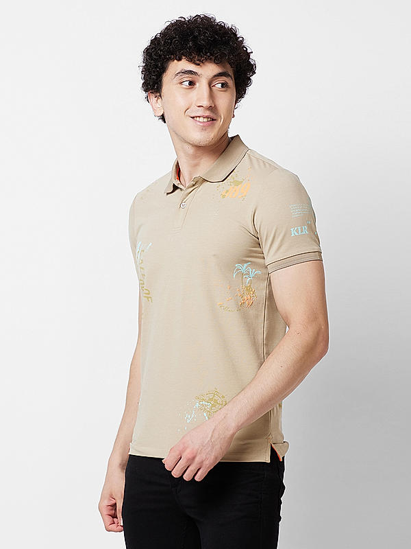 Men Slim Fit Beige Printed T-SHIRTS