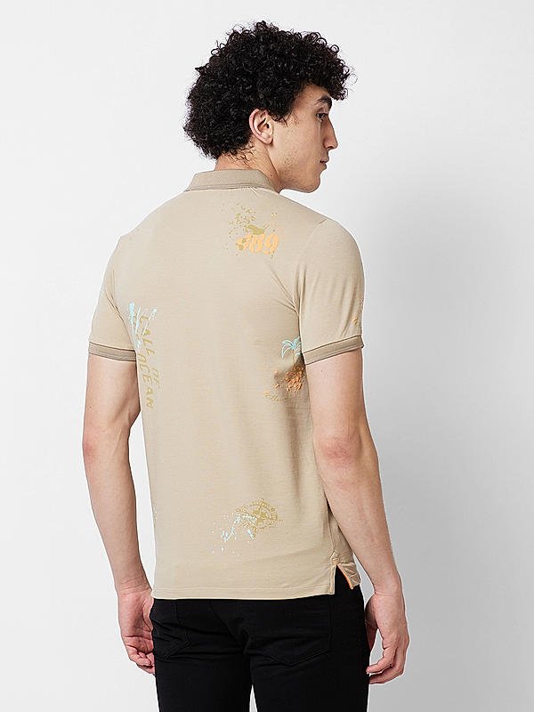 Men Slim Fit Beige Printed T-SHIRTS