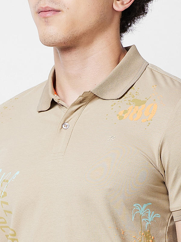 Men Slim Fit Beige Printed T-SHIRTS