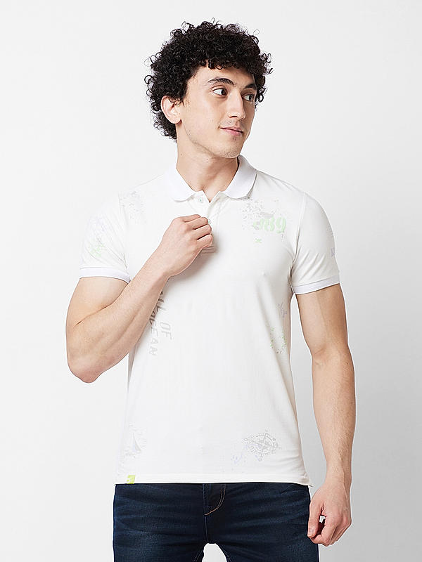 Men Slim Fit White Printed T-SHIRTS