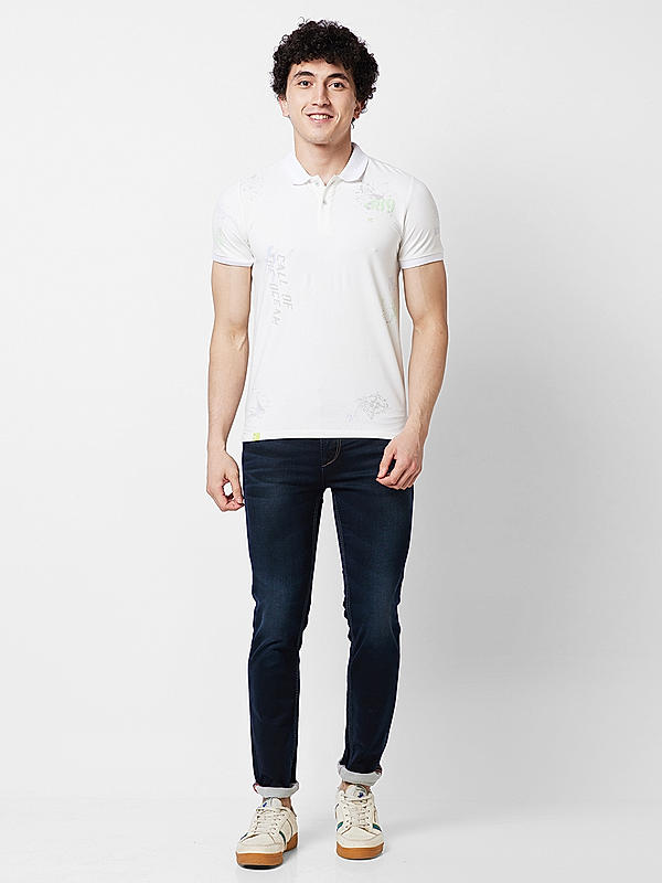 Men Slim Fit White Printed T-SHIRTS