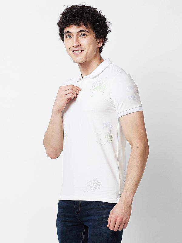 Men Slim Fit White Printed T-SHIRTS