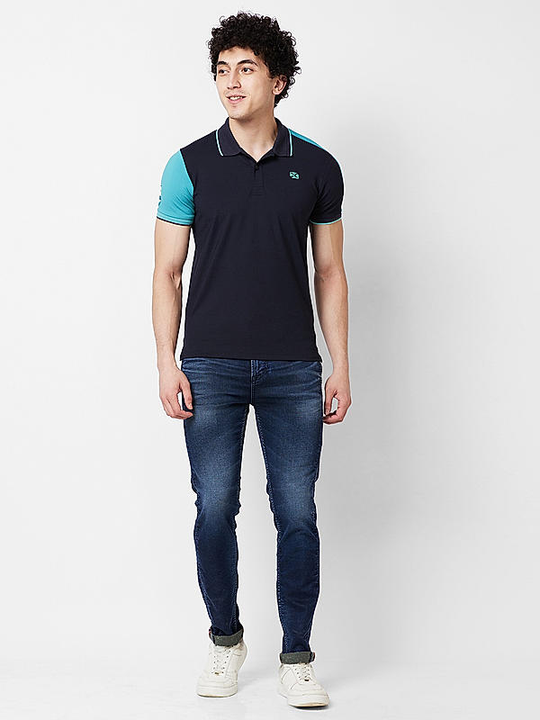 Men Slim Fit Navy Solid T-SHIRTS