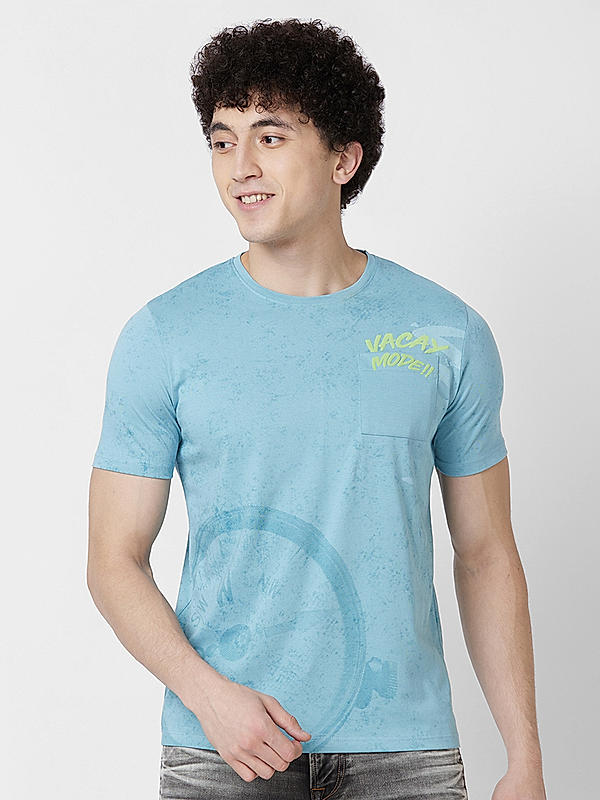 Men Slim Fit Blue Printed T-SHIRTS