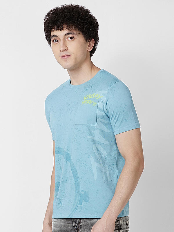 Men Slim Fit Blue Printed T-SHIRTS