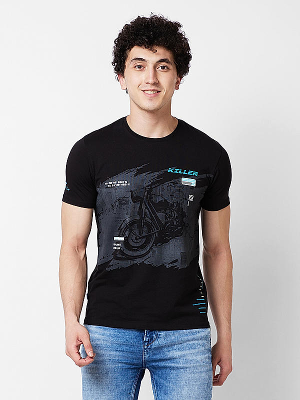 Men Slim Fit Black Printed T-SHIRTS