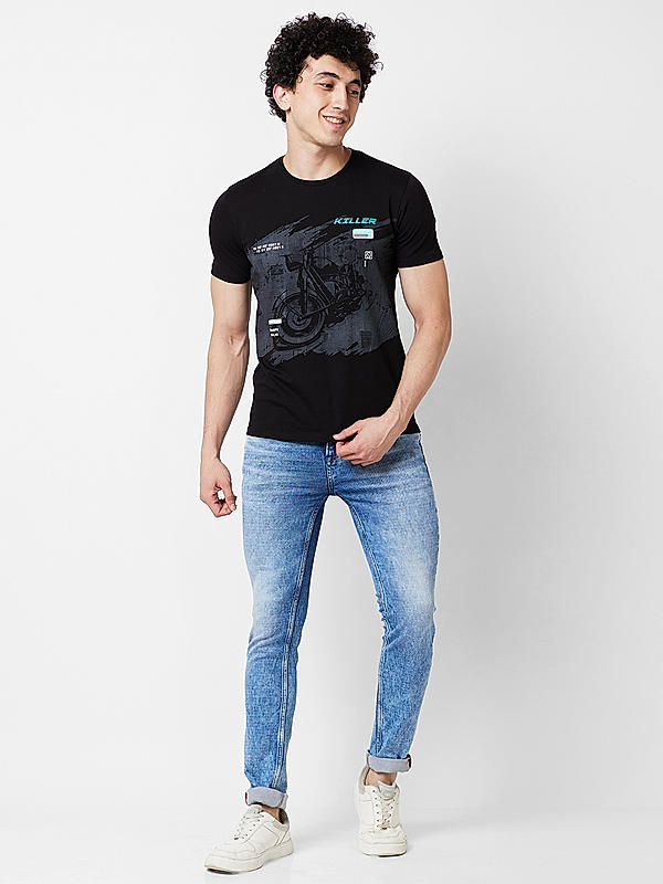 Men Slim Fit Black Printed T-SHIRTS