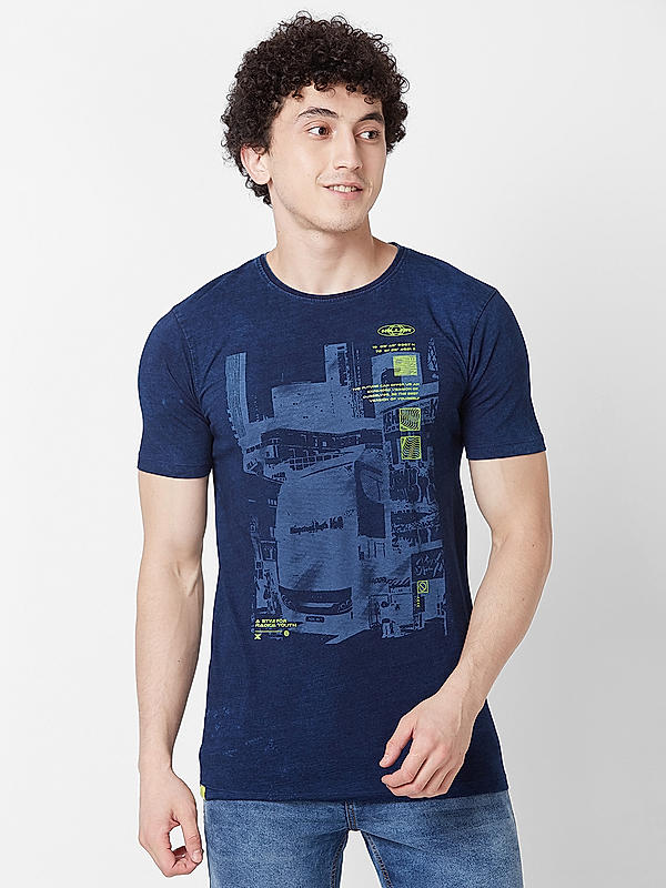 Men Slim Fit Blue Printed T-SHIRTS