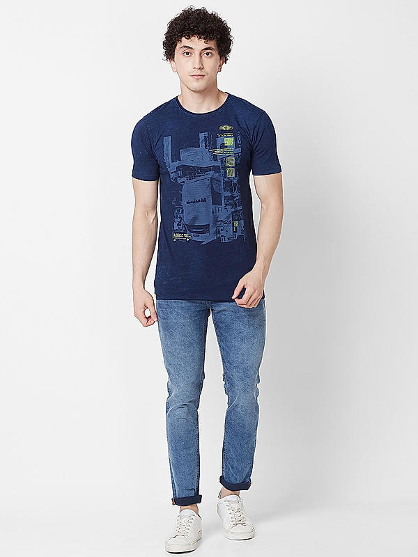 Men Slim Fit Blue Printed T-SHIRTS