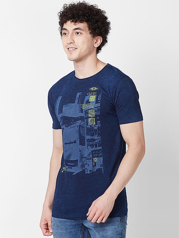 Men Slim Fit Blue Printed T-SHIRTS