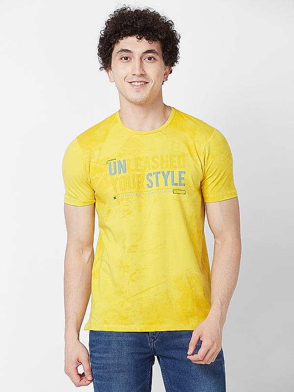 Men Slim Fit Yellow Printed T-SHIRTS