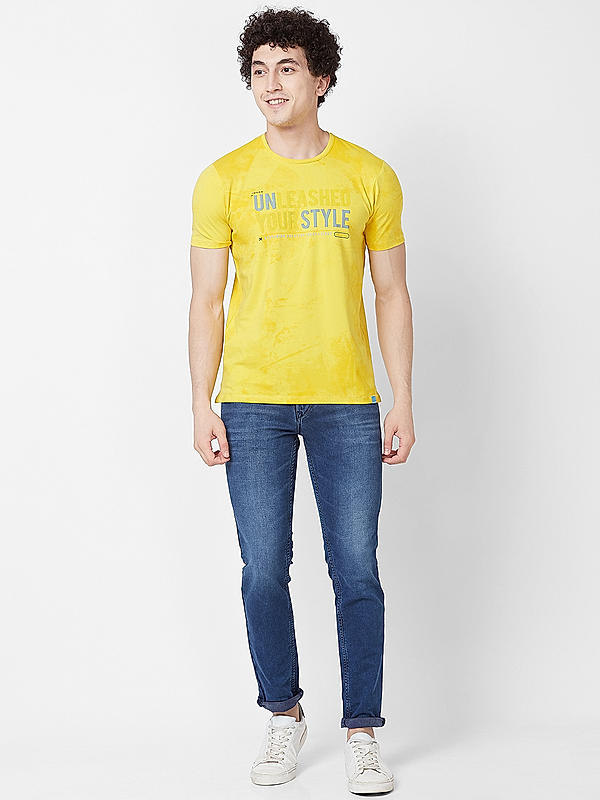 Men Slim Fit Yellow Printed T-SHIRTS